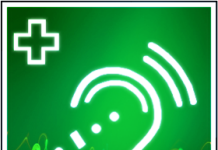 Auditory hearing aid symbol and defibrilator symbol fused together