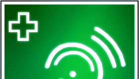 Auditory hearing aid symbol and defibrilator symbol fused together